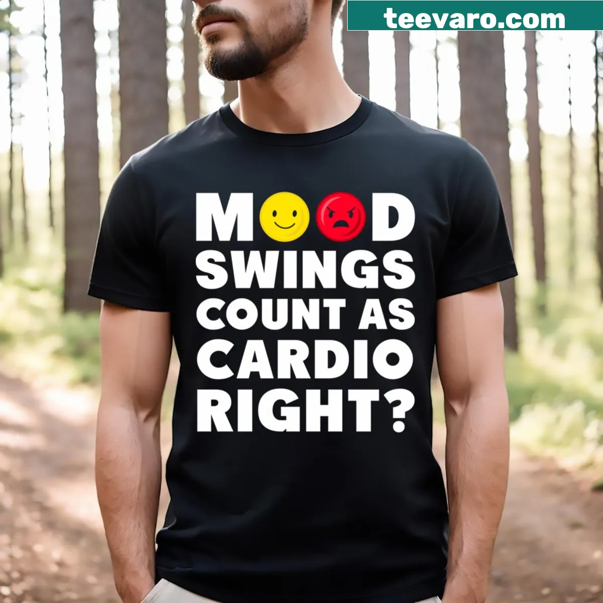 Funny gym t-shirt with the phrase 'Mood Swings Count As Cardio' — on a men's t-shirt