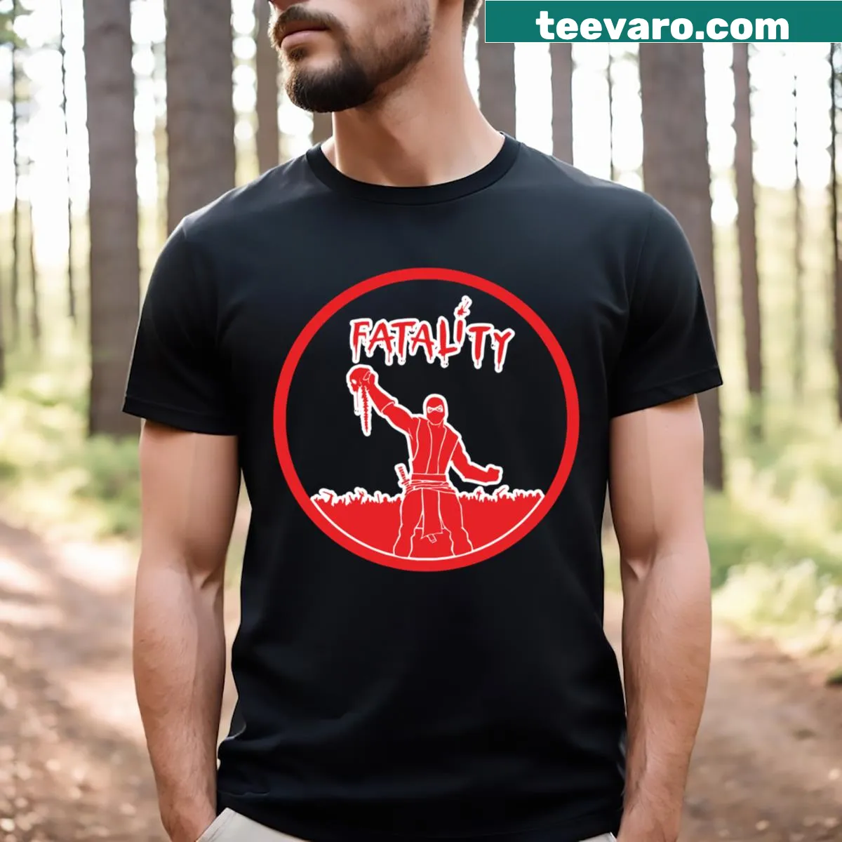 Mortal Kombat Fatality t-shirt with iconic gaming graphics — on a men's t-shirt