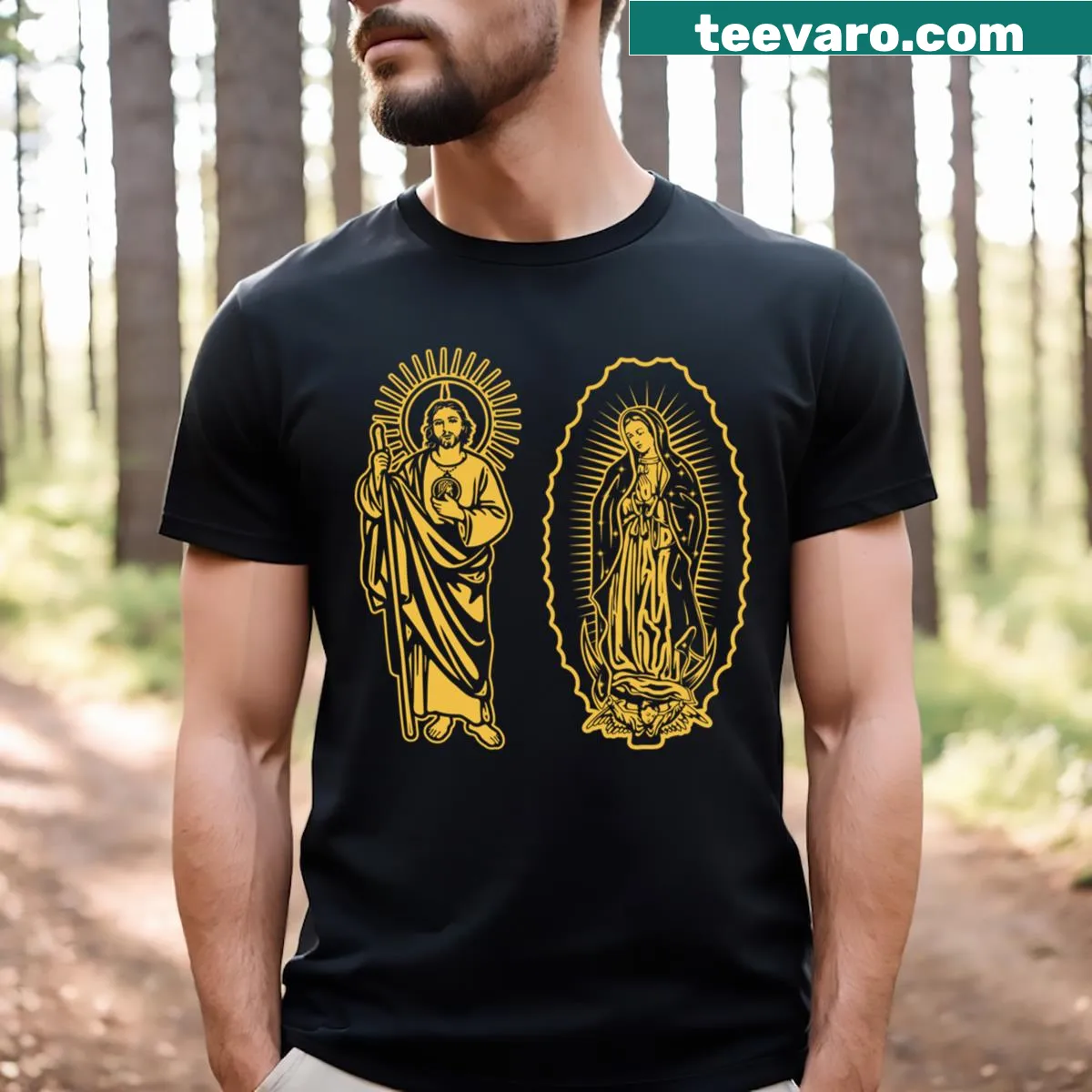 Illustrated t-shirt featuring Our Lady of Guadalupe and saints — on a men's t-shirt