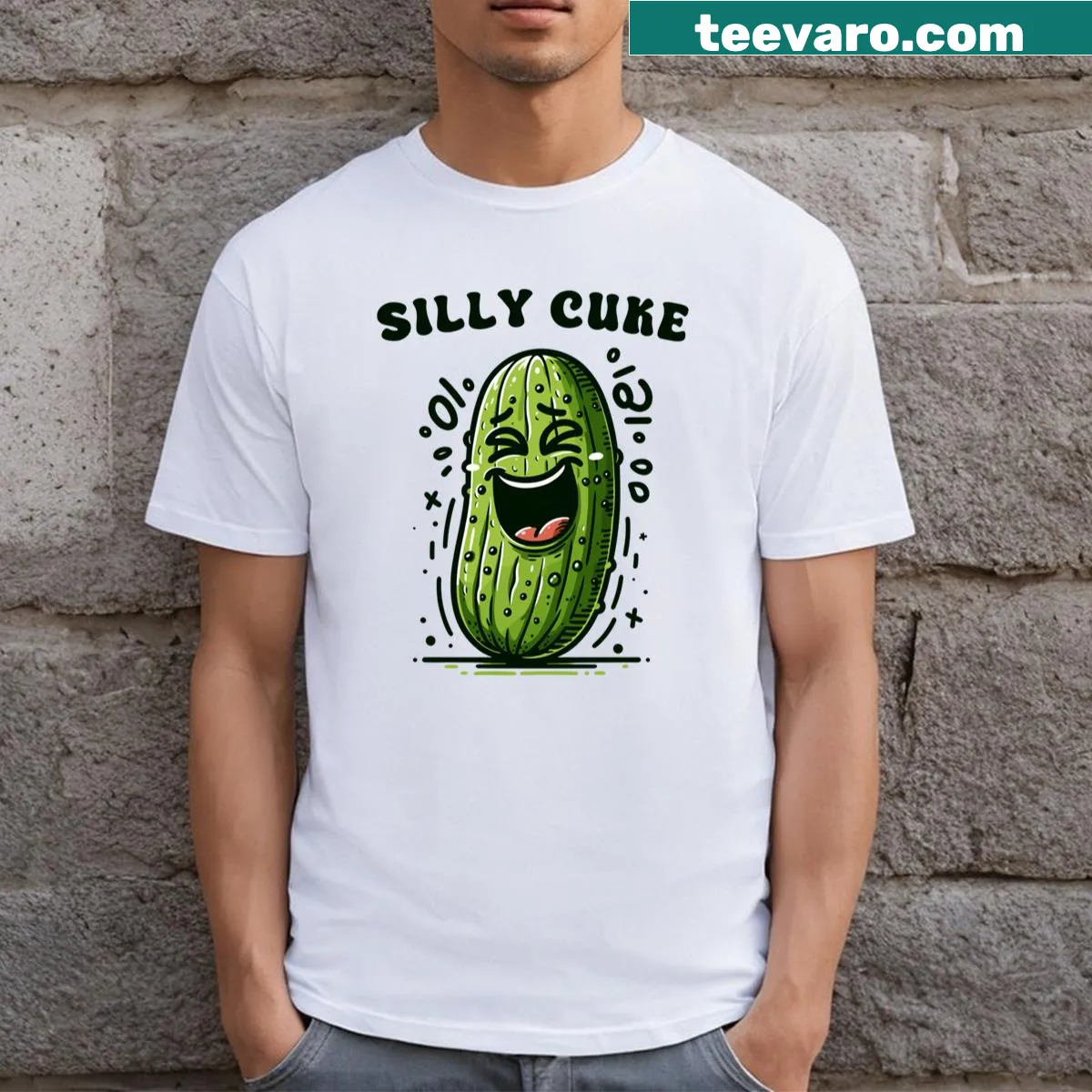 Funny cartoon pickle character on a t-shirt — on a men's t-shirt