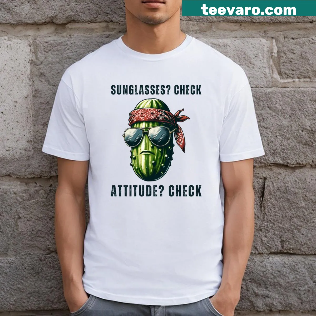 Quirky pickle graphic with sunglasses on retro T-shirt — on a men's t-shirt