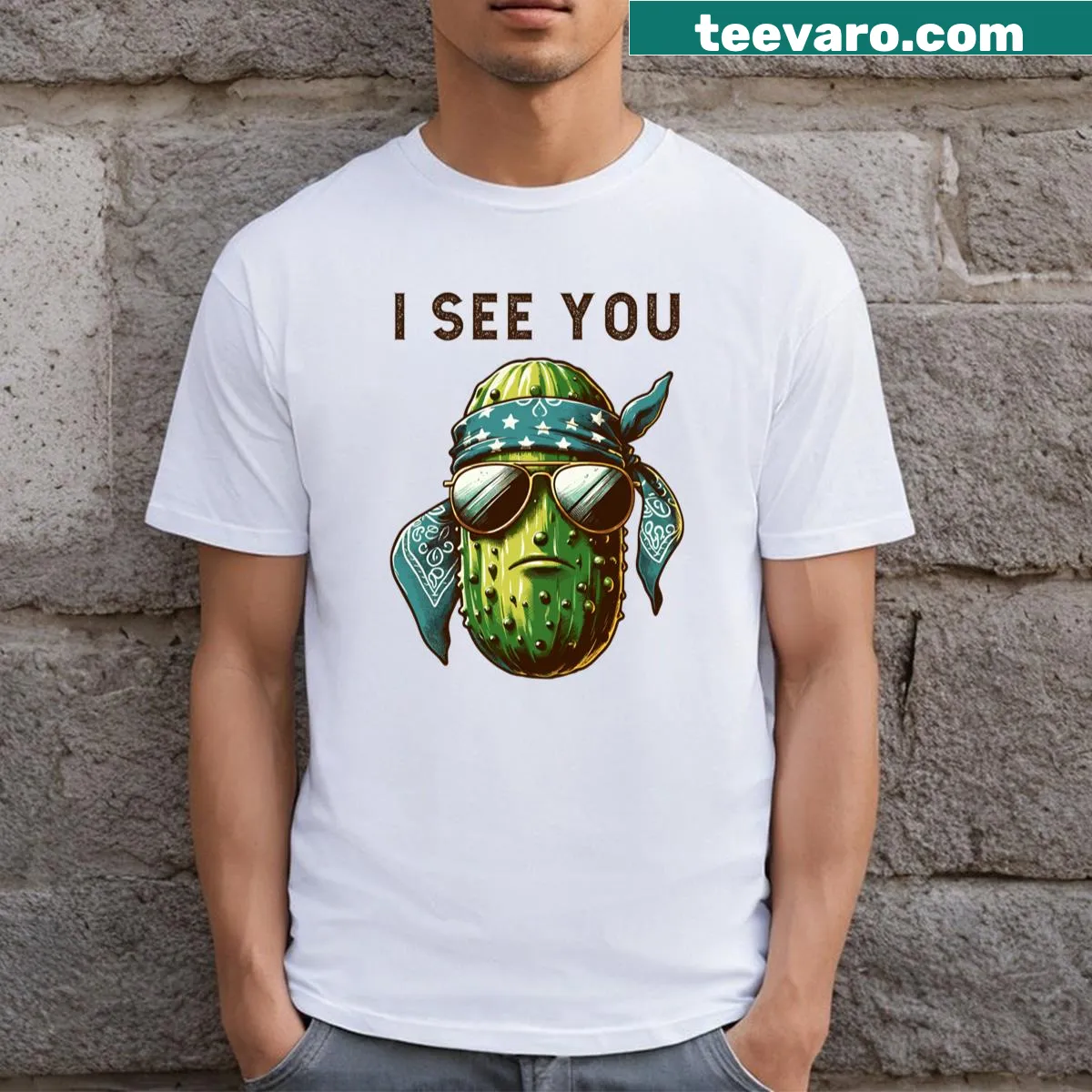 Cartoon pickle wearing sunglasses and a bandana with text 'I See You' — on a men's t-shirt