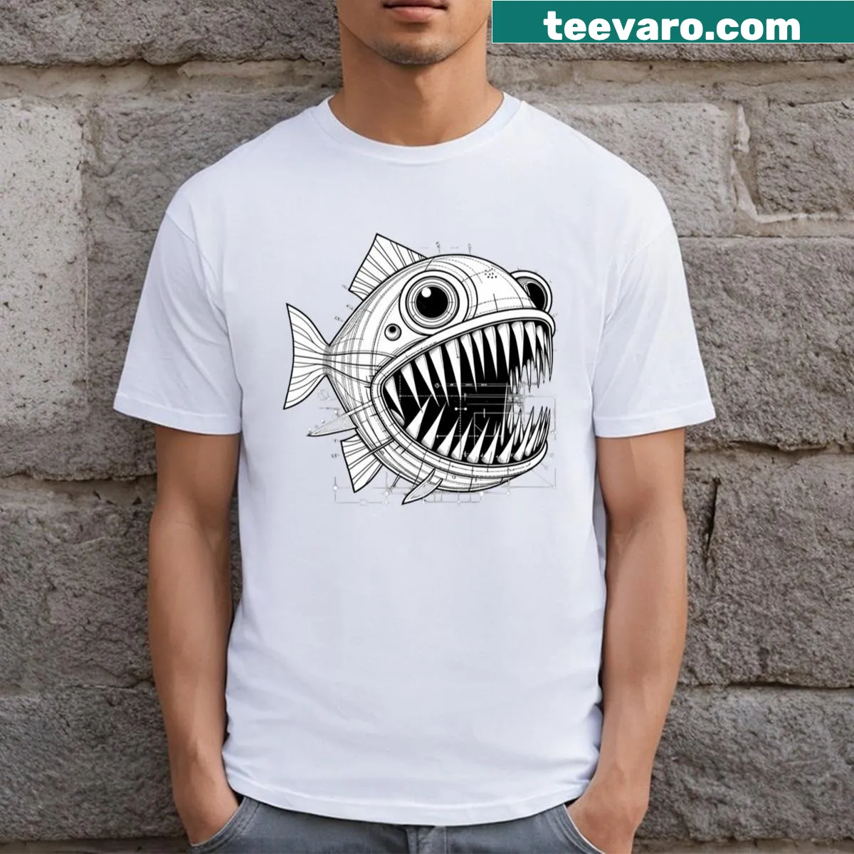 Illustrated blueprint of a piranha on a t-shirt — on a men's t-shirt