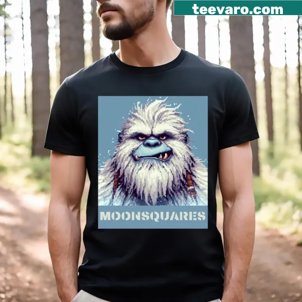 Pixelated yeti graphic in hiking gear on a T-shirt