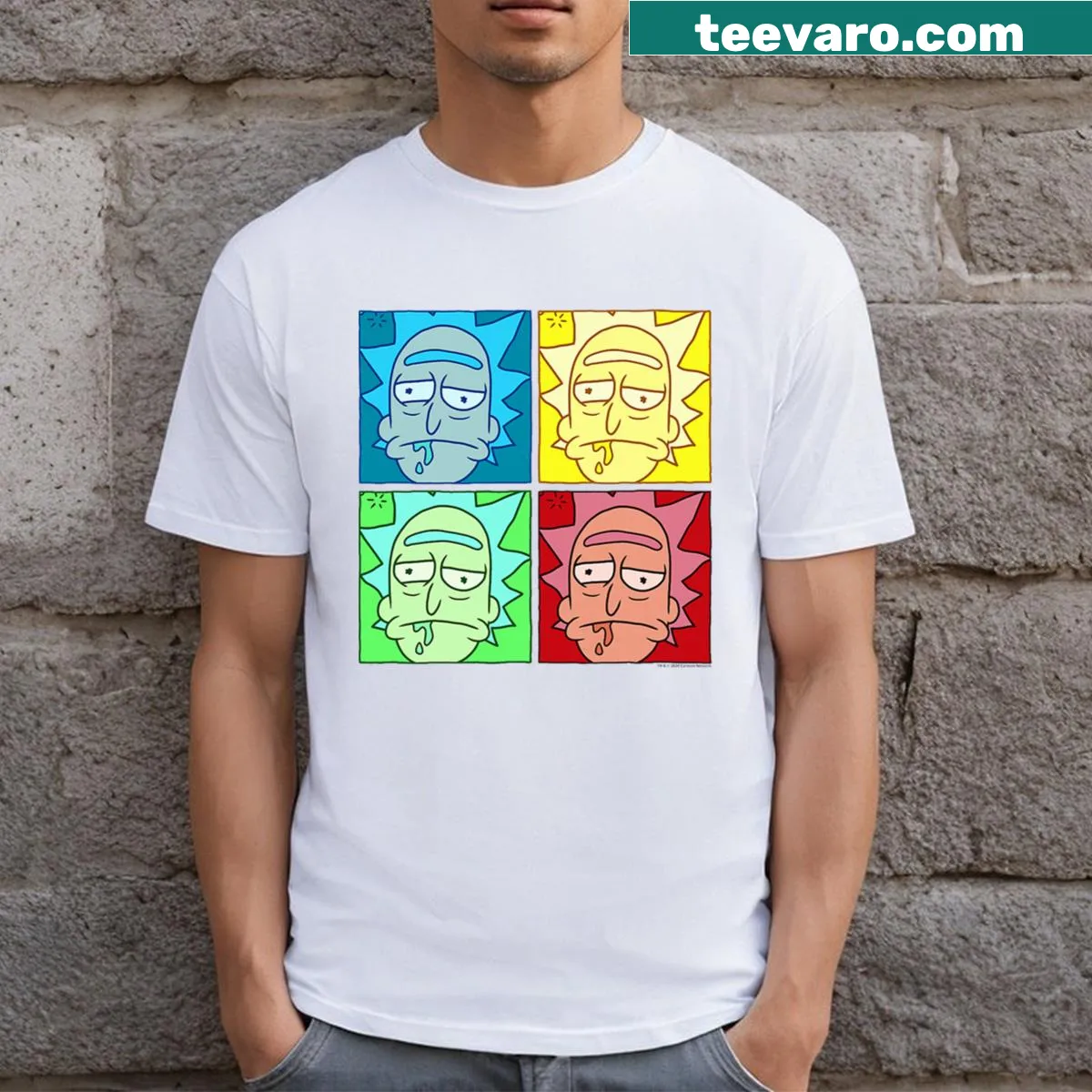 Pop art cartoon movie-themed T-shirt with colorful illustrations — on a men's t-shirt