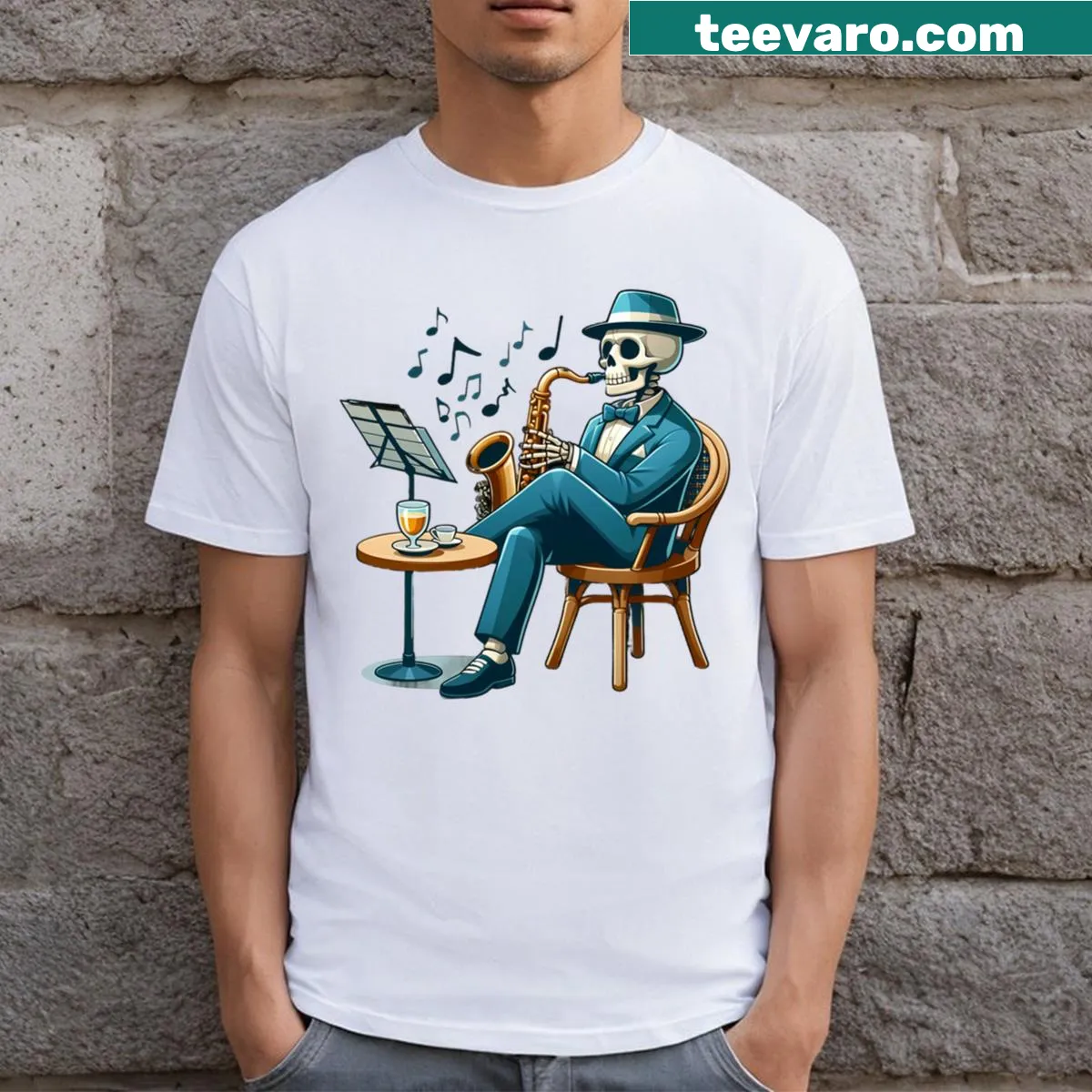 Playful preppy skeleton graphic on a T-shirt — on a men's t-shirt