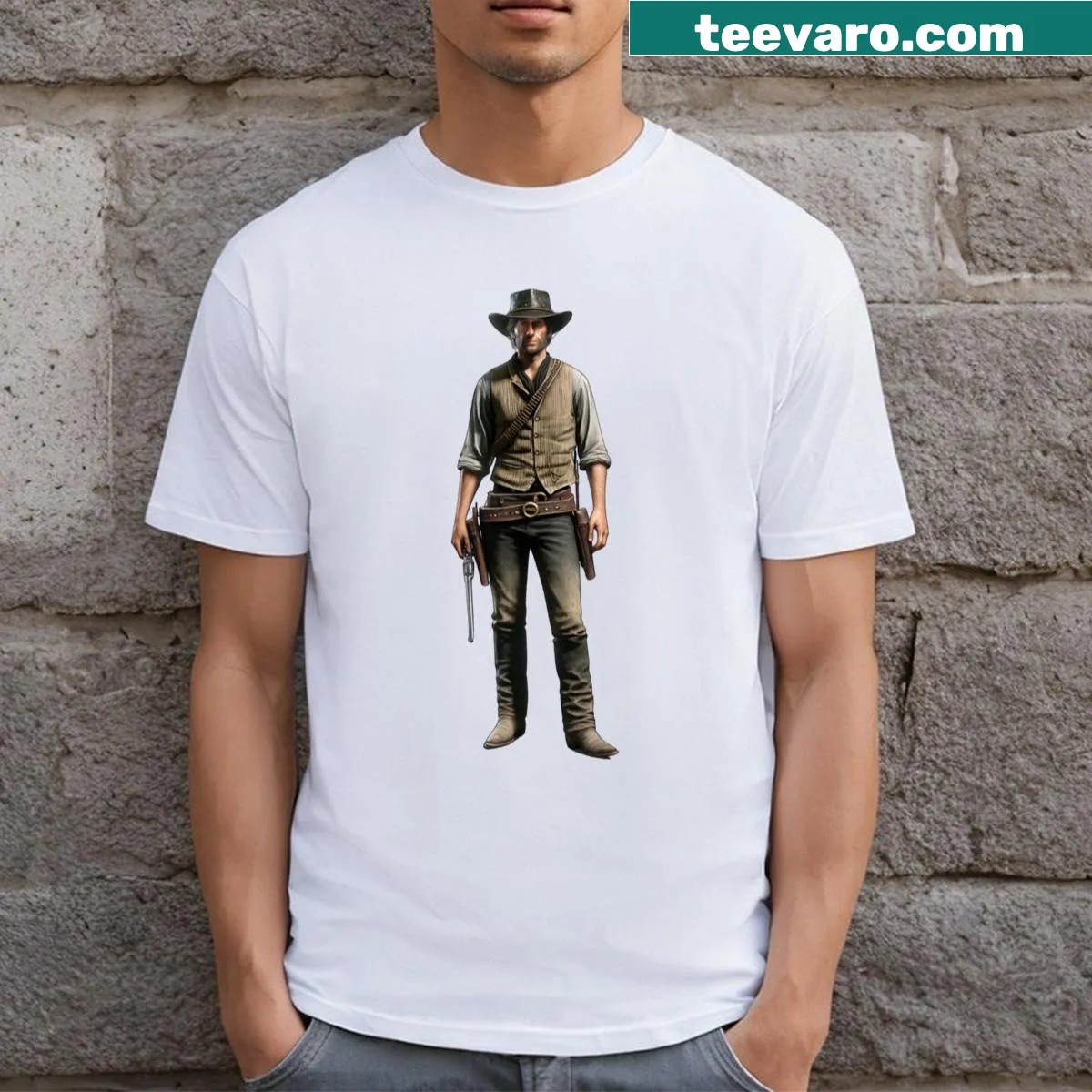 Vintage cowboy graphic on T-shirt inspired by western themes — on a men's t-shirt