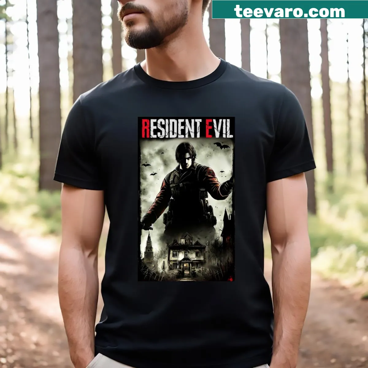 Resident Evil-themed graphic T-shirt featuring iconic imagery — on a men's t-shirt