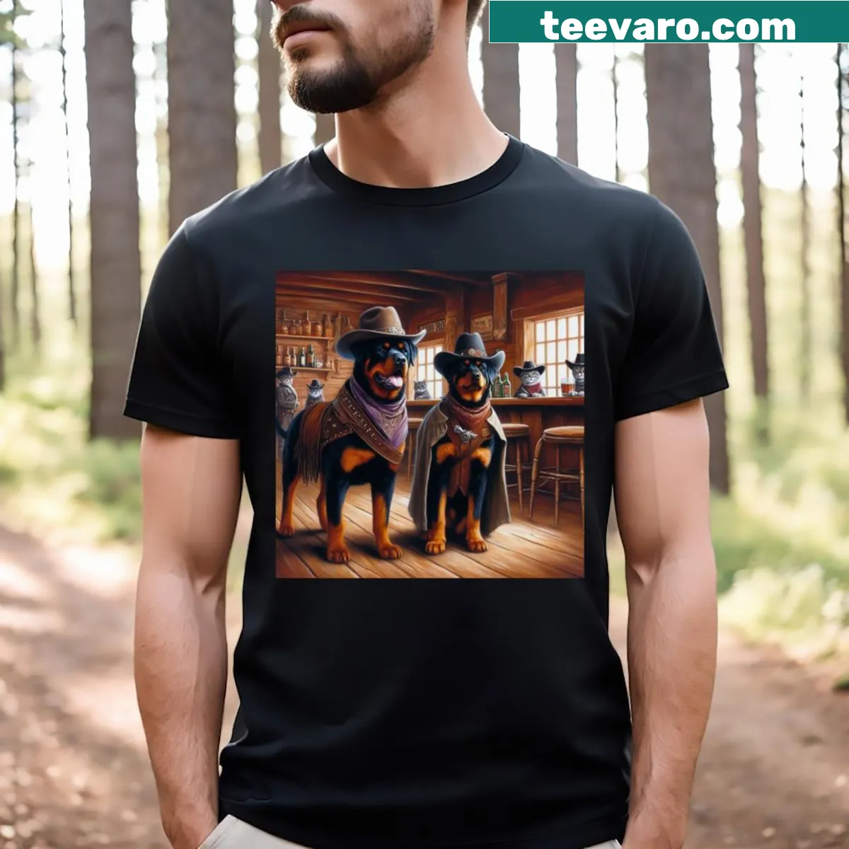Humorous Rottweiler t-shirt featuring an Old West theme — on a men's t-shirt