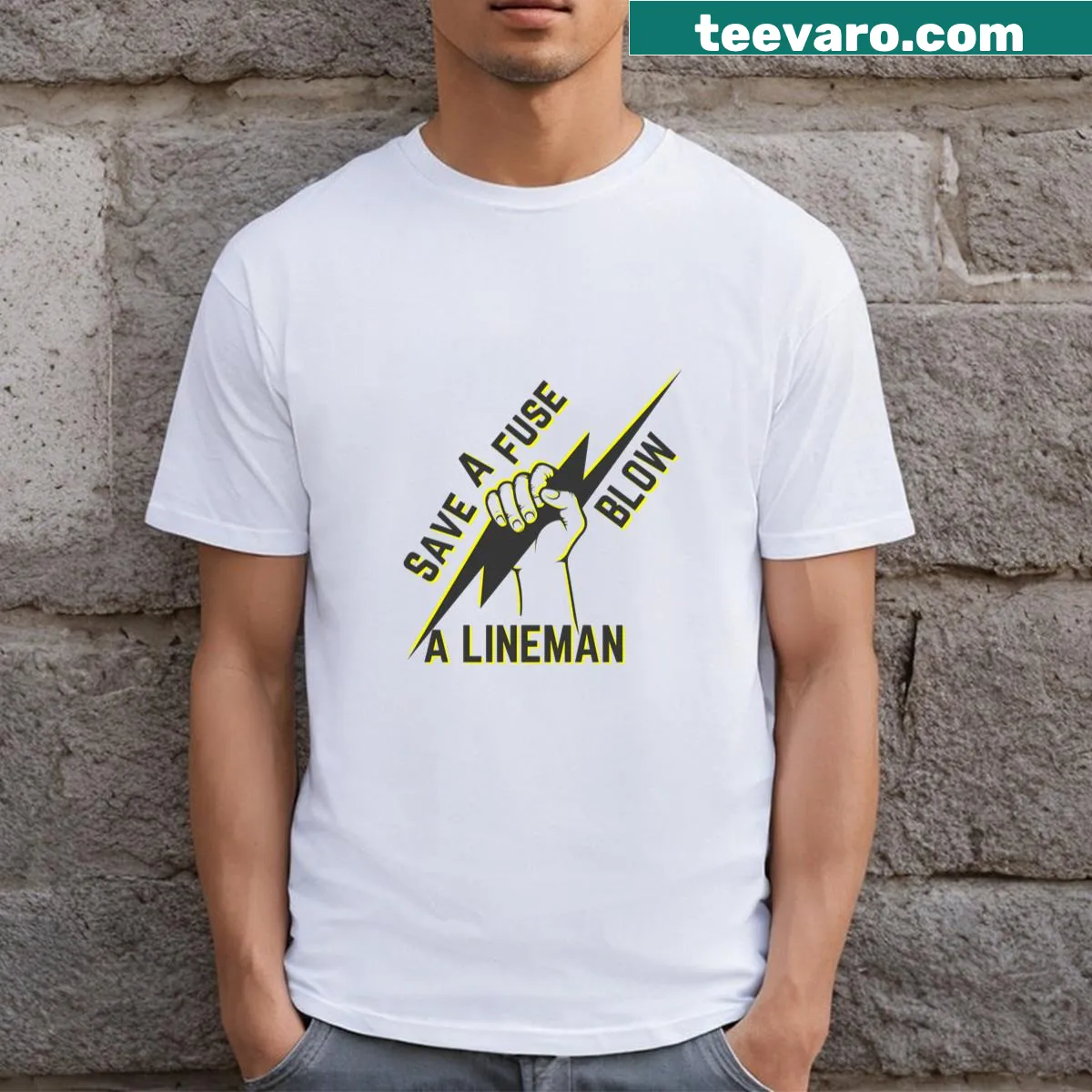 Humorous electrician t-shirt with a funny saying about linemen — on a men's t-shirt