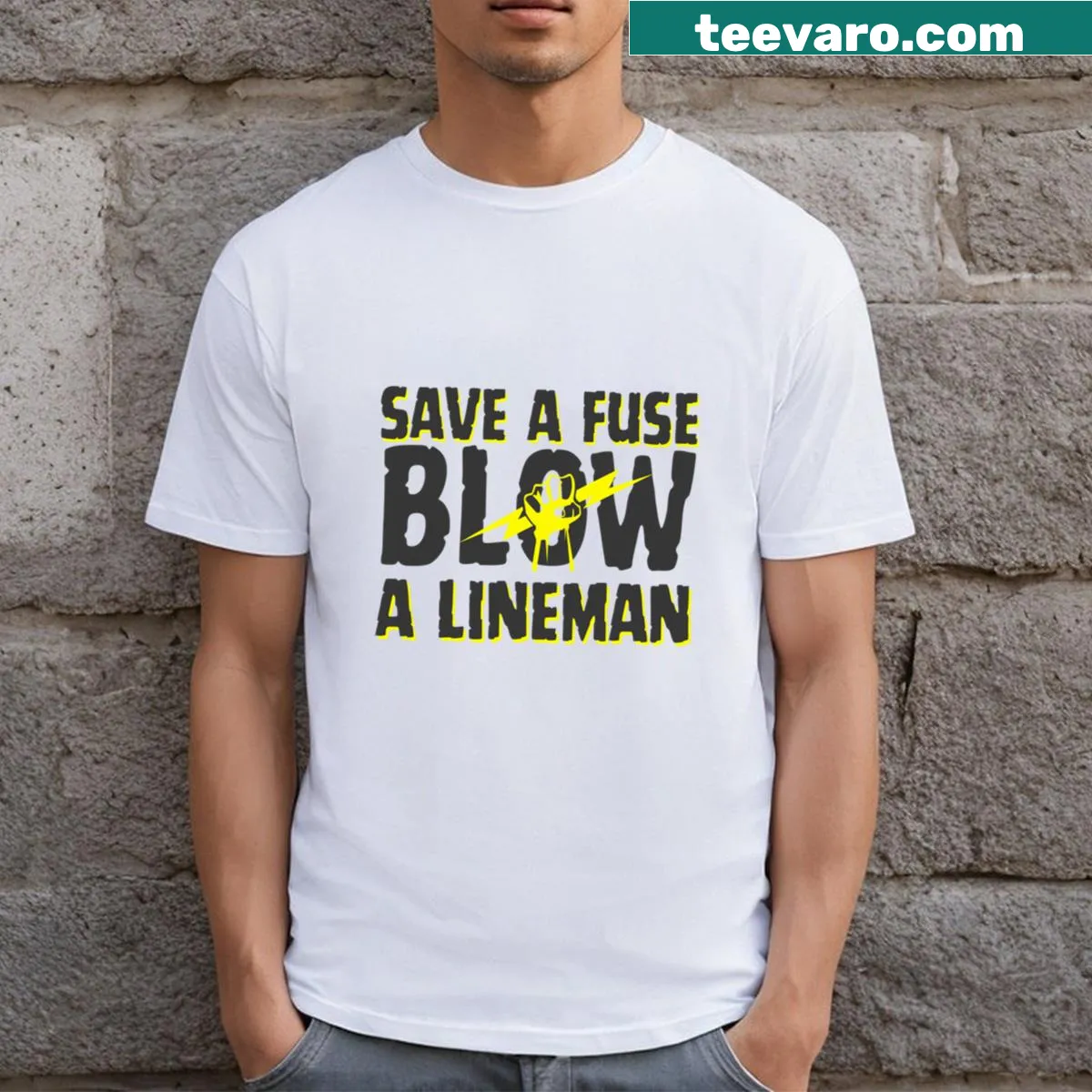 Funny electrician T-shirt with humorous text about linemen — on a men's t-shirt