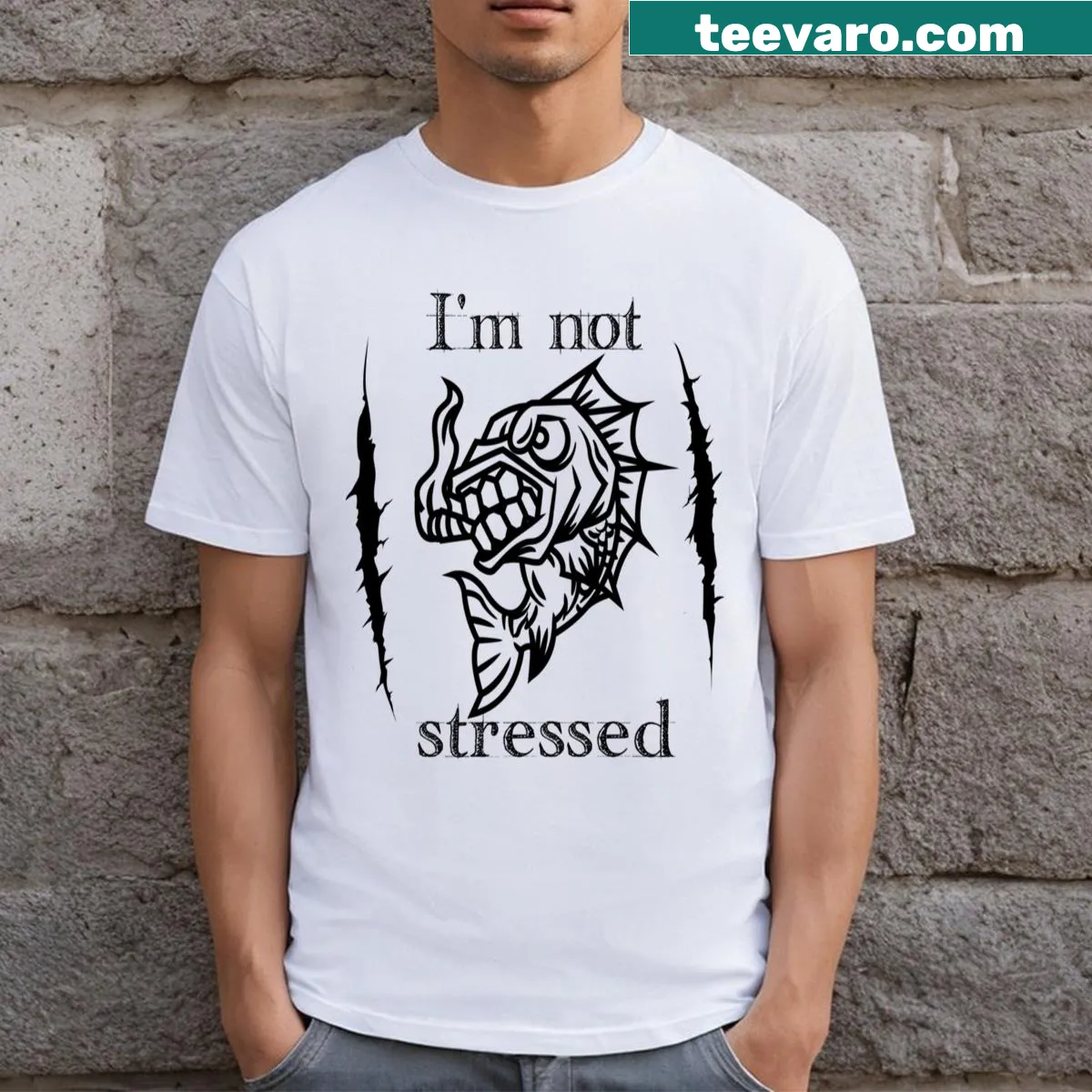 Cartoon angler fish with funny saying on T-shirt — on a men's t-shirt