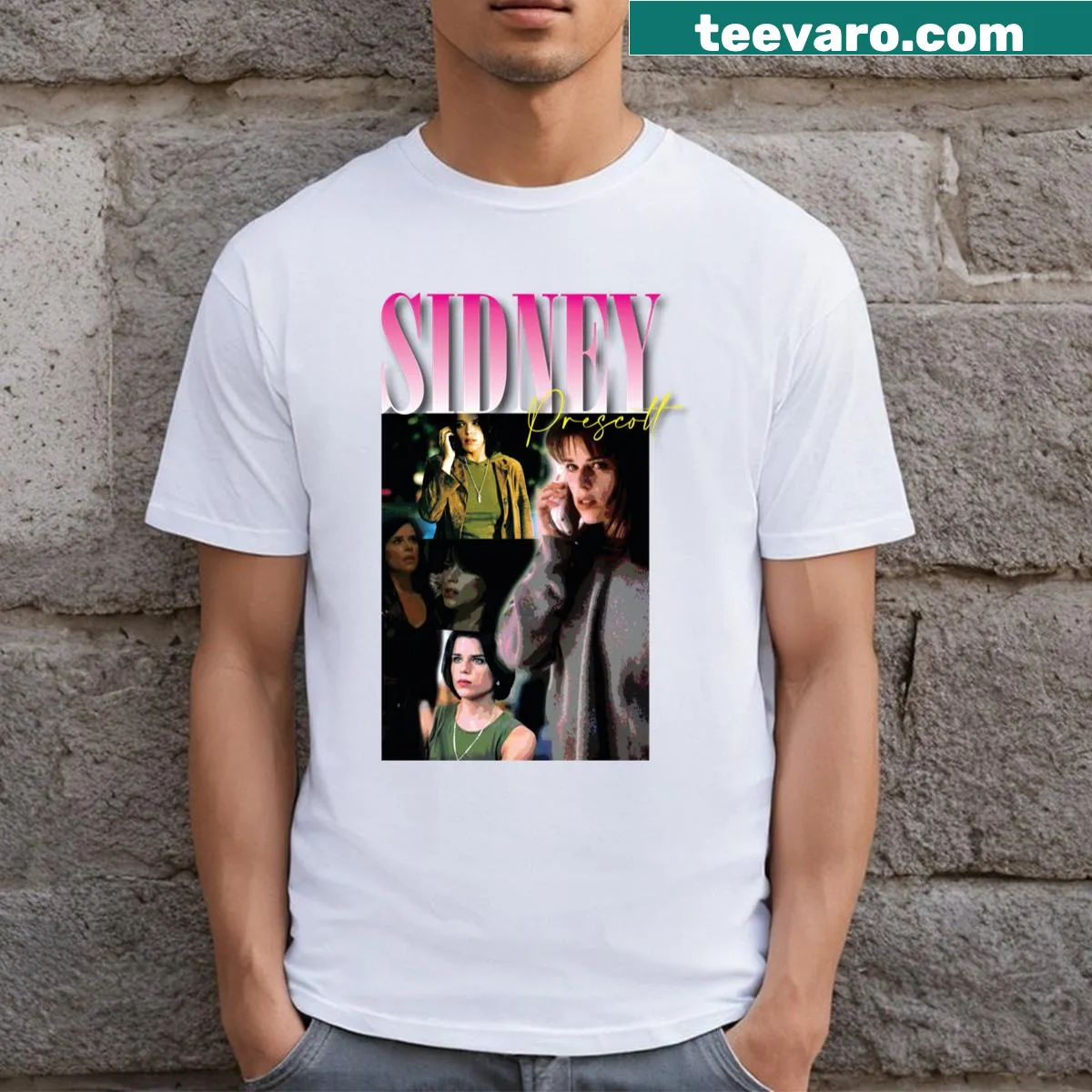 Vintage-style T-shirt featuring Sidney Prescott pop art design — on a men's t-shirt