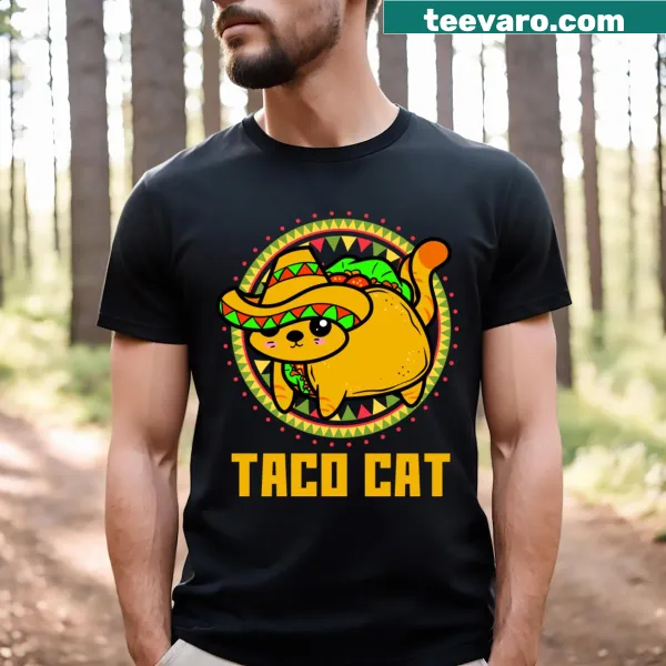 T-shirt with the humorous phrase 'Taco Cat' in playful typography