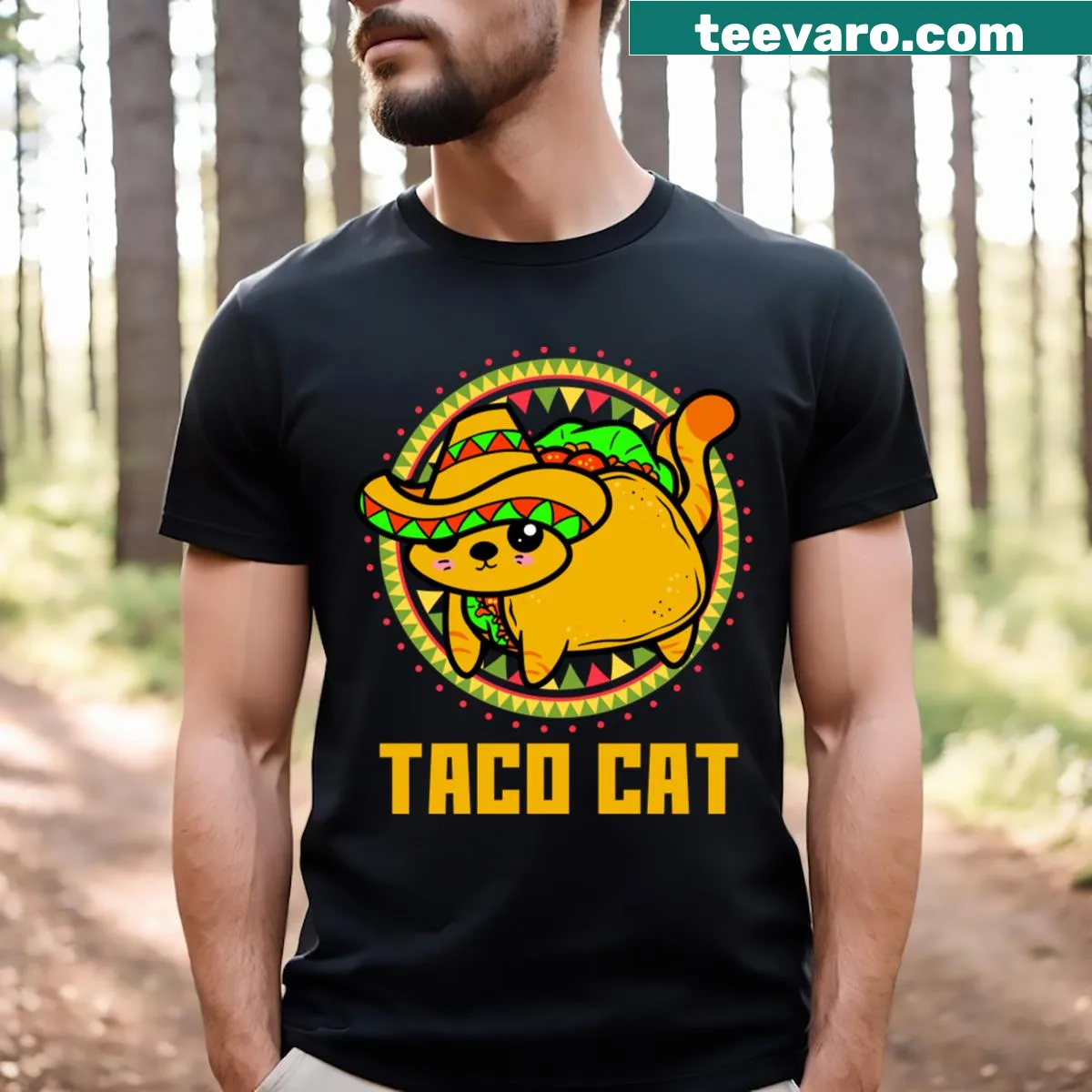 T-shirt with the humorous phrase 'Taco Cat' in playful typography — on a men's t-shirt