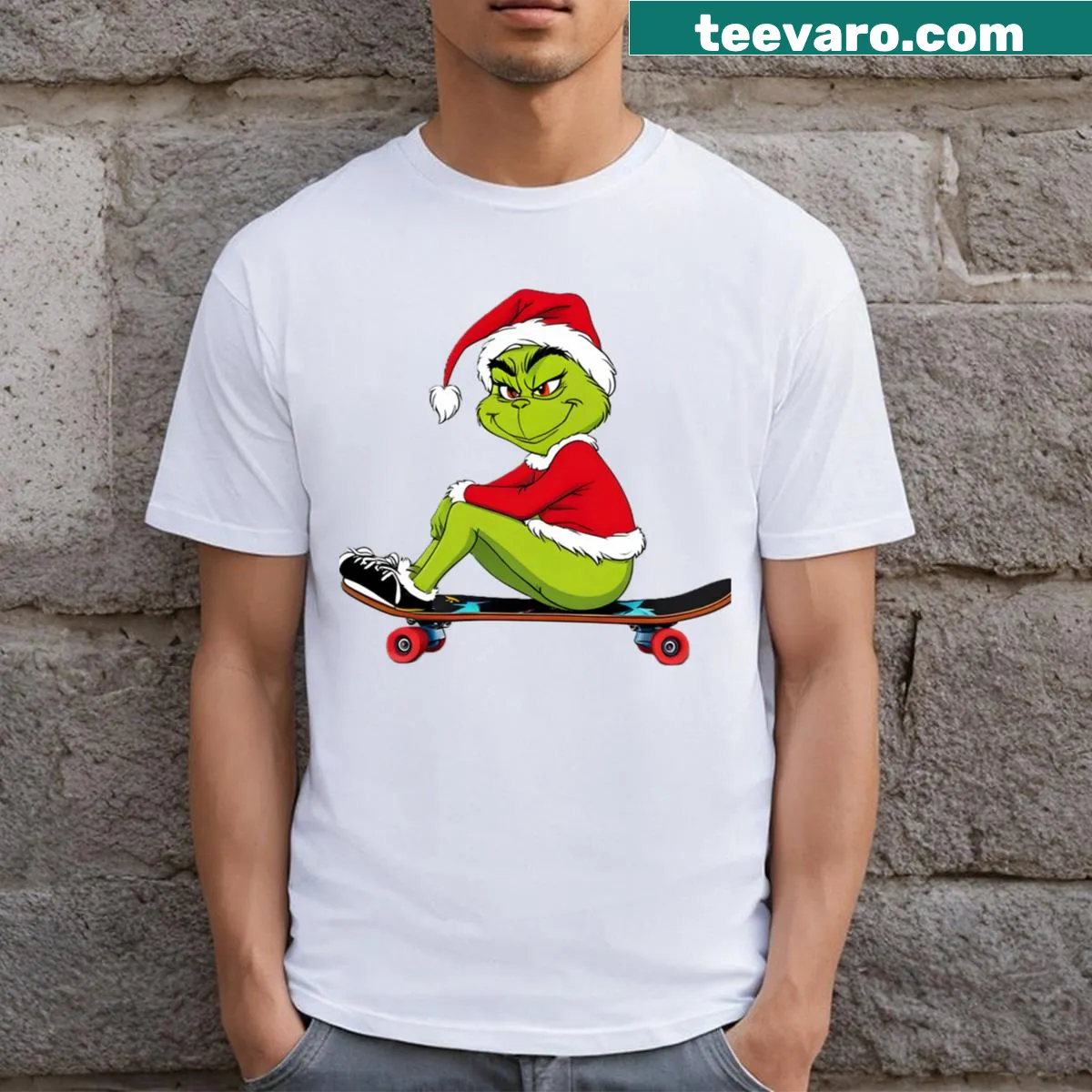 Funny female Grinch sitting on a skateboard graphic on a t-shirt — on a men's t-shirt