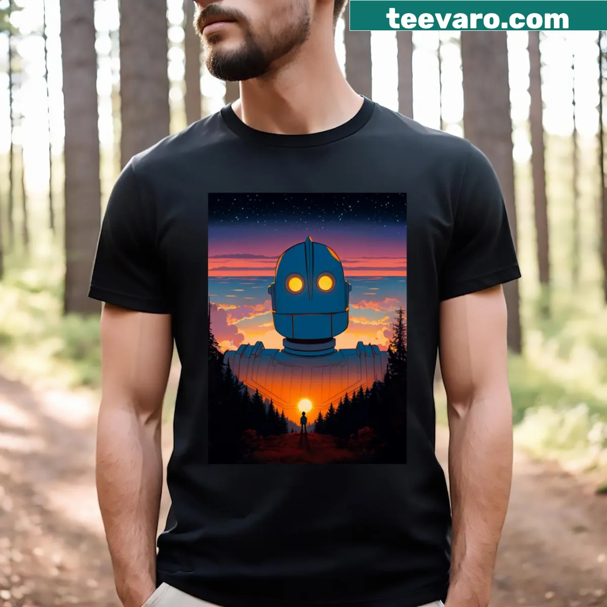 T-shirt featuring the Iron Giant in a forest setting — on a men's t-shirt