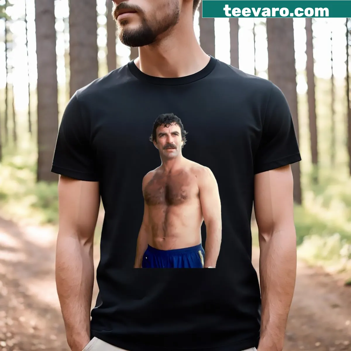 T-shirt featuring a stylized graphic of Tom Selleck — on a men's t-shirt