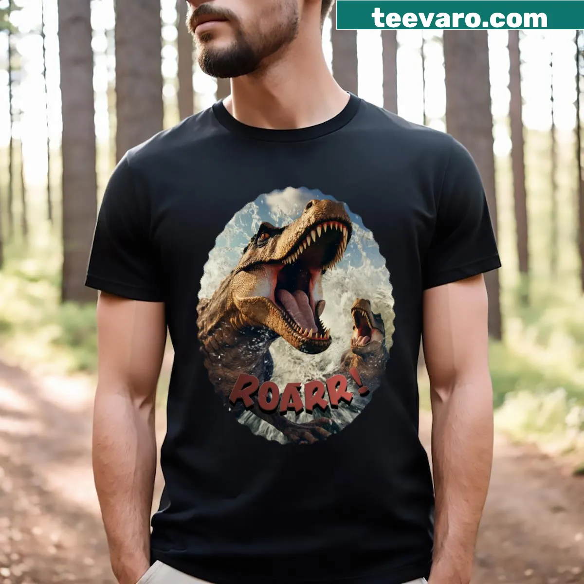 Cartoon graphic of two dinosaurs splashing in water on a T-shirt — on a men's t-shirt