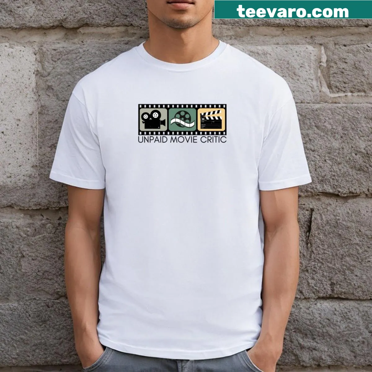 T-shirt declaring 'Unpaid Movie Critic.' — on a men's t-shirt