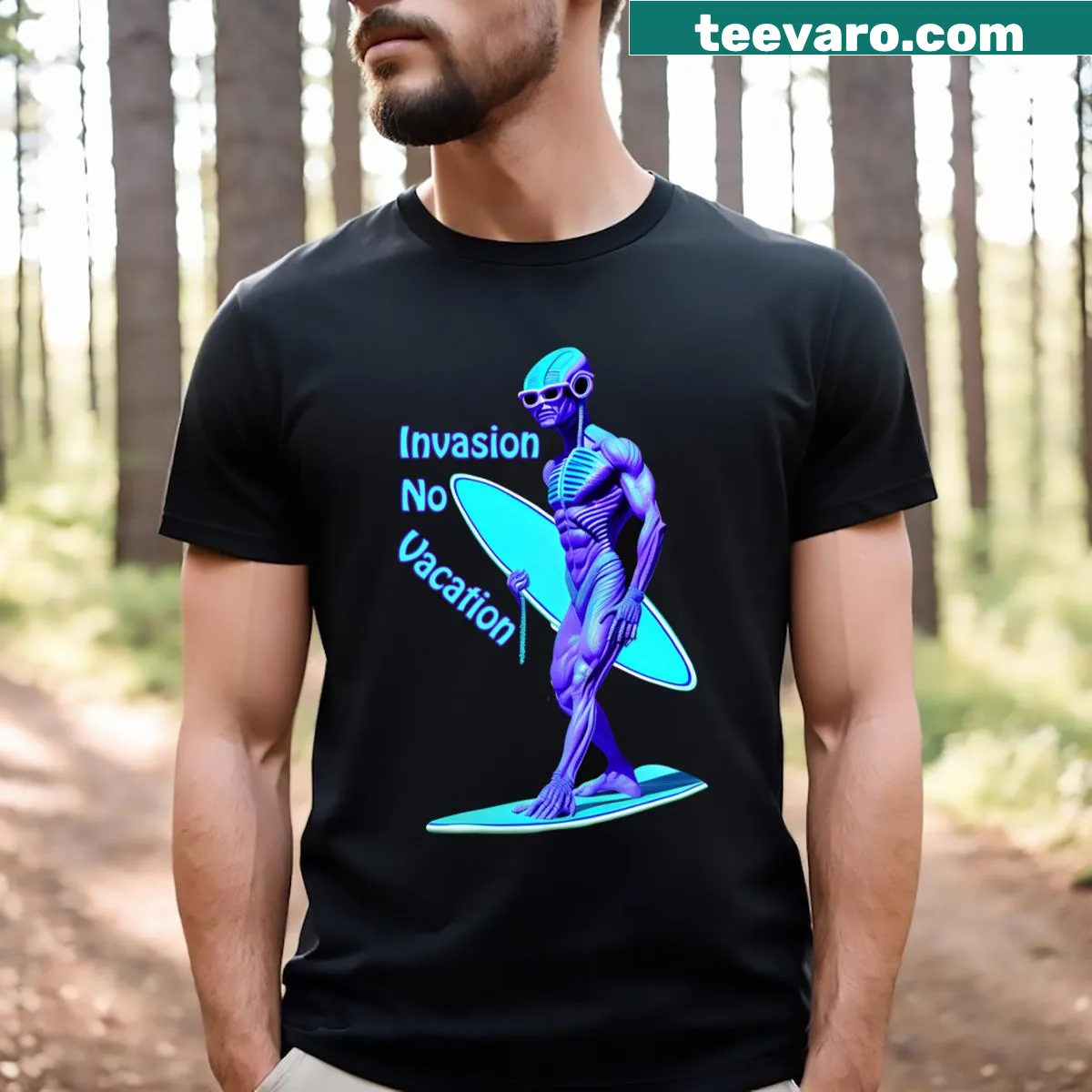 Alien surfer graphic on vacation-themed T-shirt — on a men's t-shirt