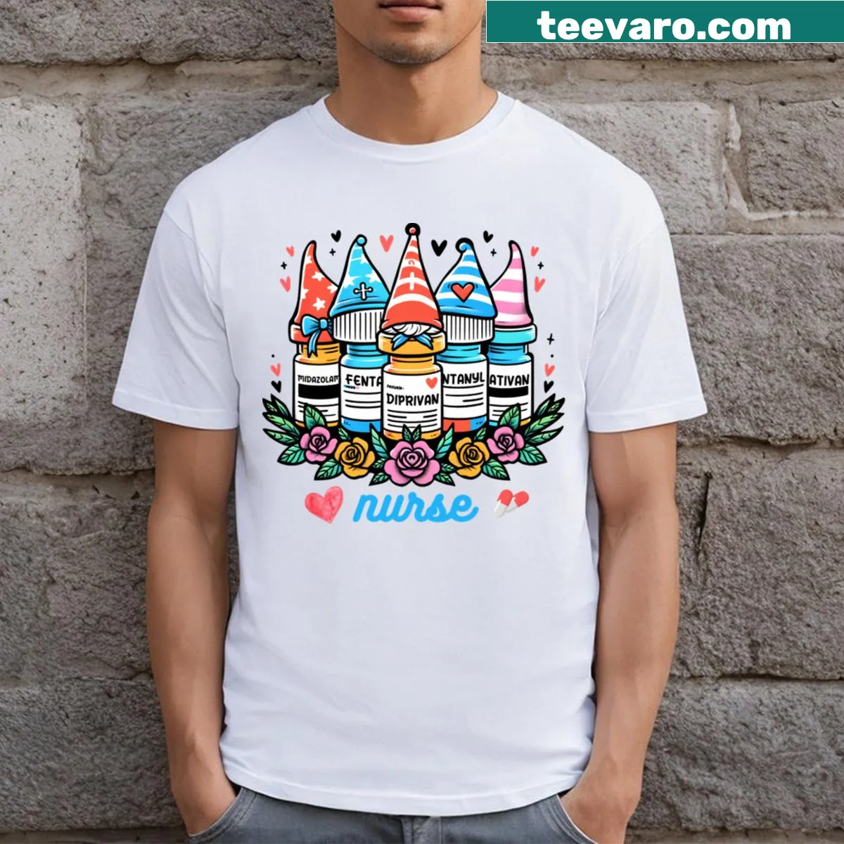 Valentine-themed T-shirt showing appreciation for nurses. — on a men's t-shirt