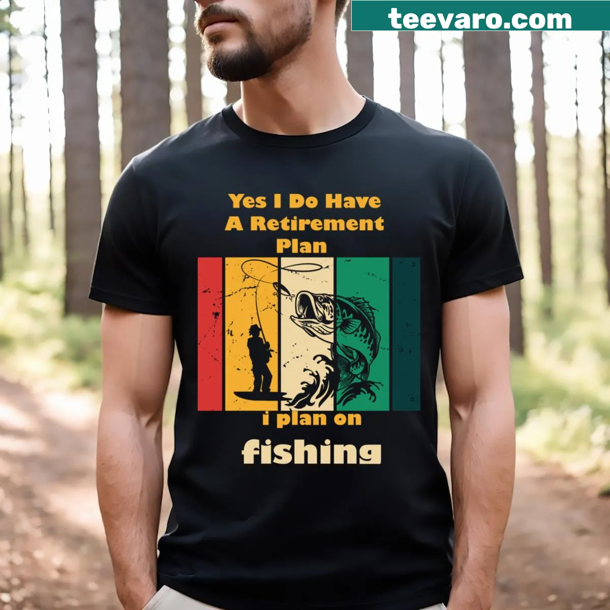 Funny retirement fishing plan graphic t-shirt — on a men's t-shirt