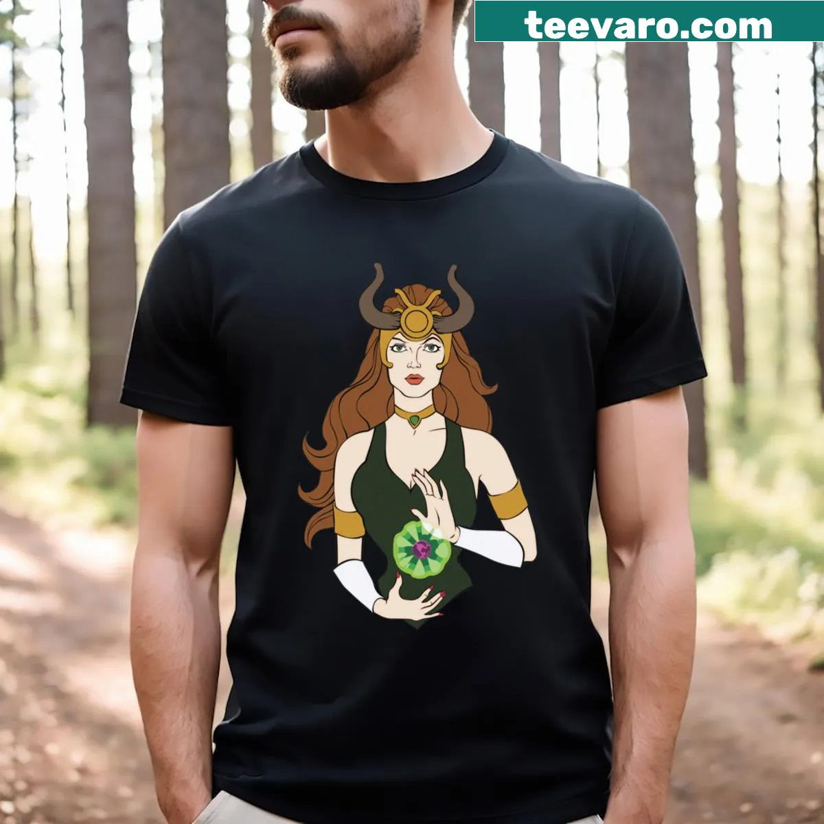 Cartoon-style T-shirt featuring a Taurus zodiac goddess design — on a men's t-shirt