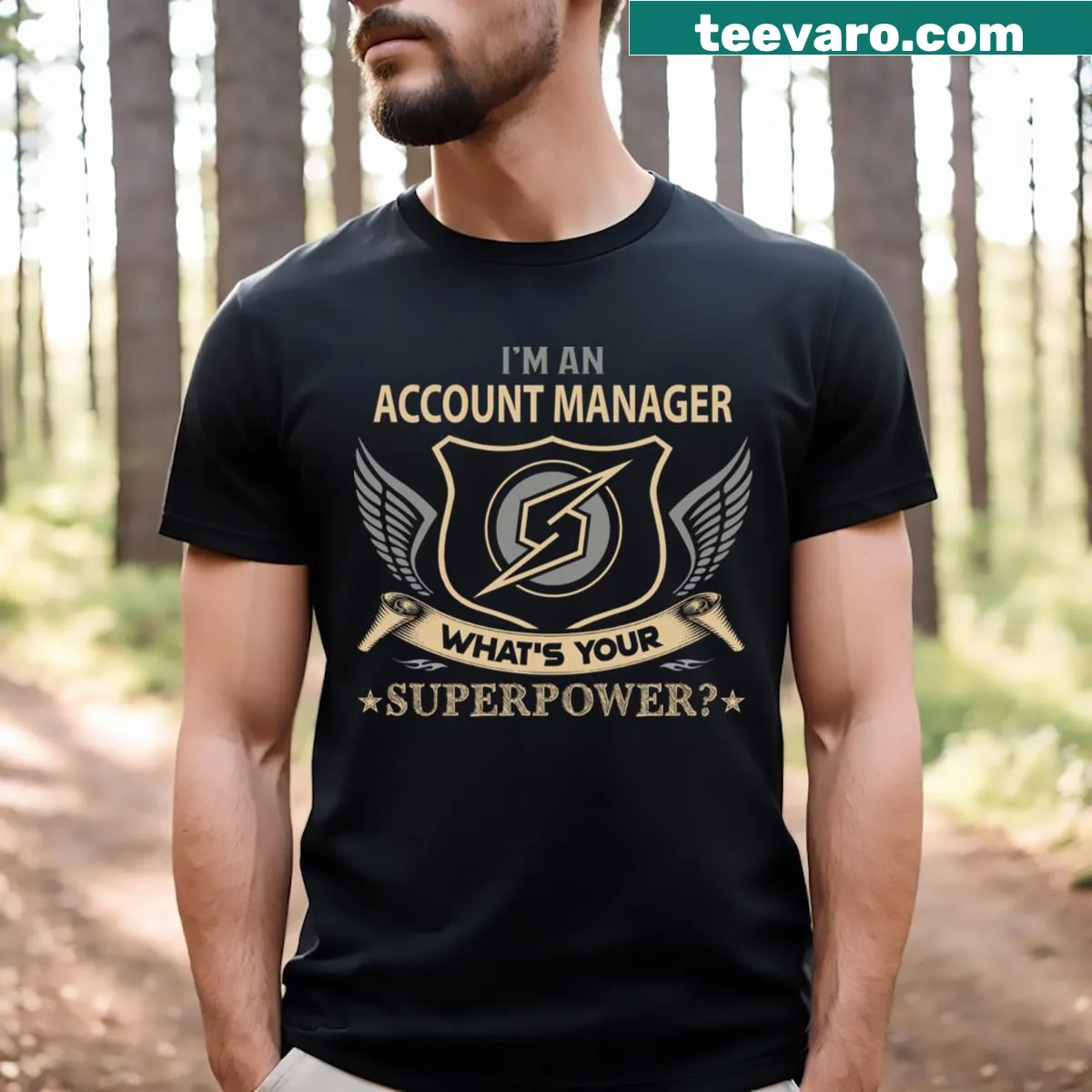 Typographic t-shirt showcasing account manager superpower humor. — on a men's t-shirt