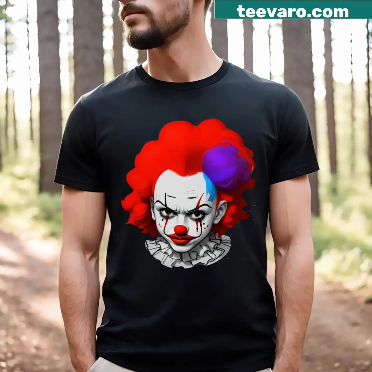 Illustration of an angry clown boy on a dark background — on a men's t-shirt