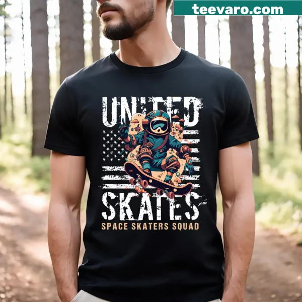 Vintage design T-shirt featuring an astronaut skateboarding with an American flag