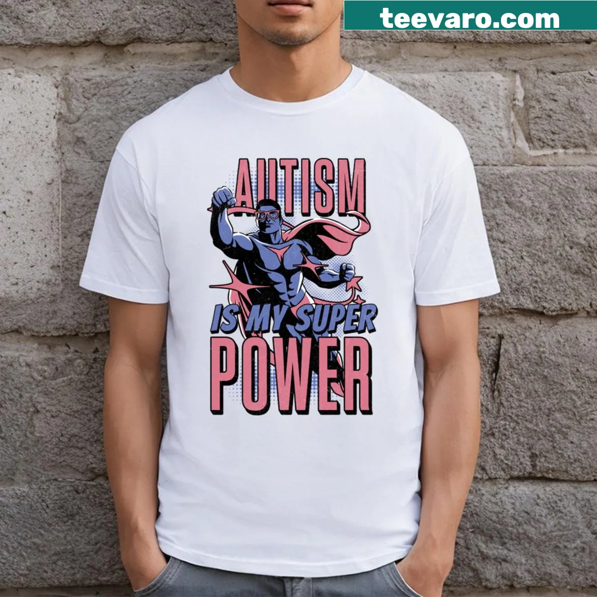 T-shirt with bold text 'Autism Is My Superpower' in superhero style — on a men's t-shirt