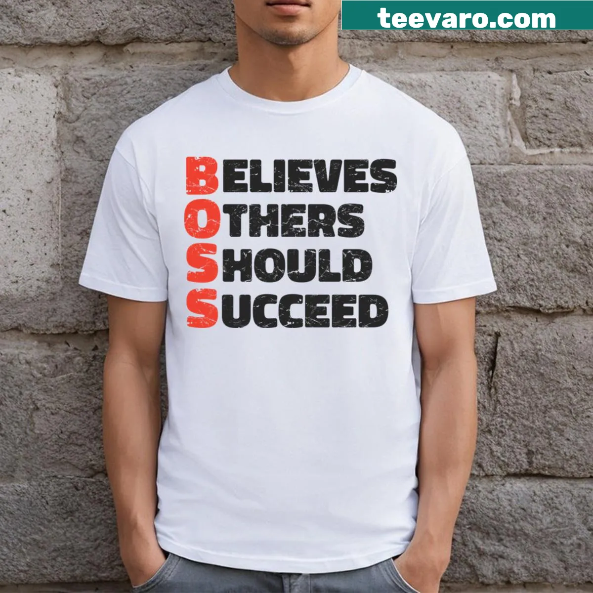 Typography on a t-shirt saying 'Believes Other Should Succeed' — on a men's t-shirt
