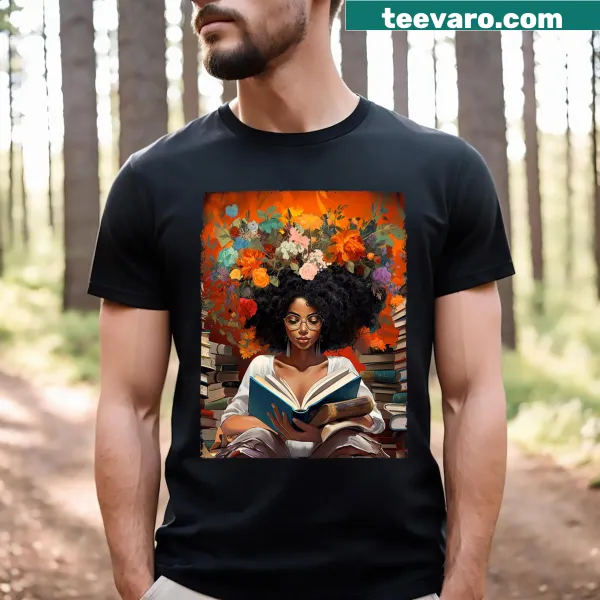 Illustration of a melanin queen reading a book on a t-shirt