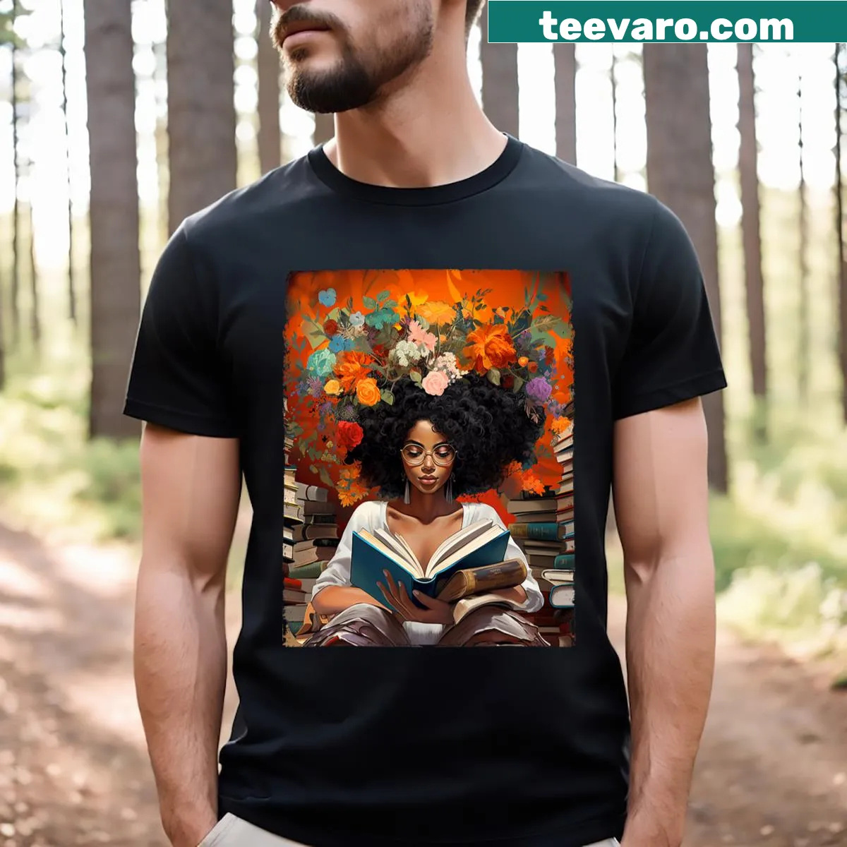 Illustration of a melanin queen reading a book on a t-shirt — on a men's t-shirt