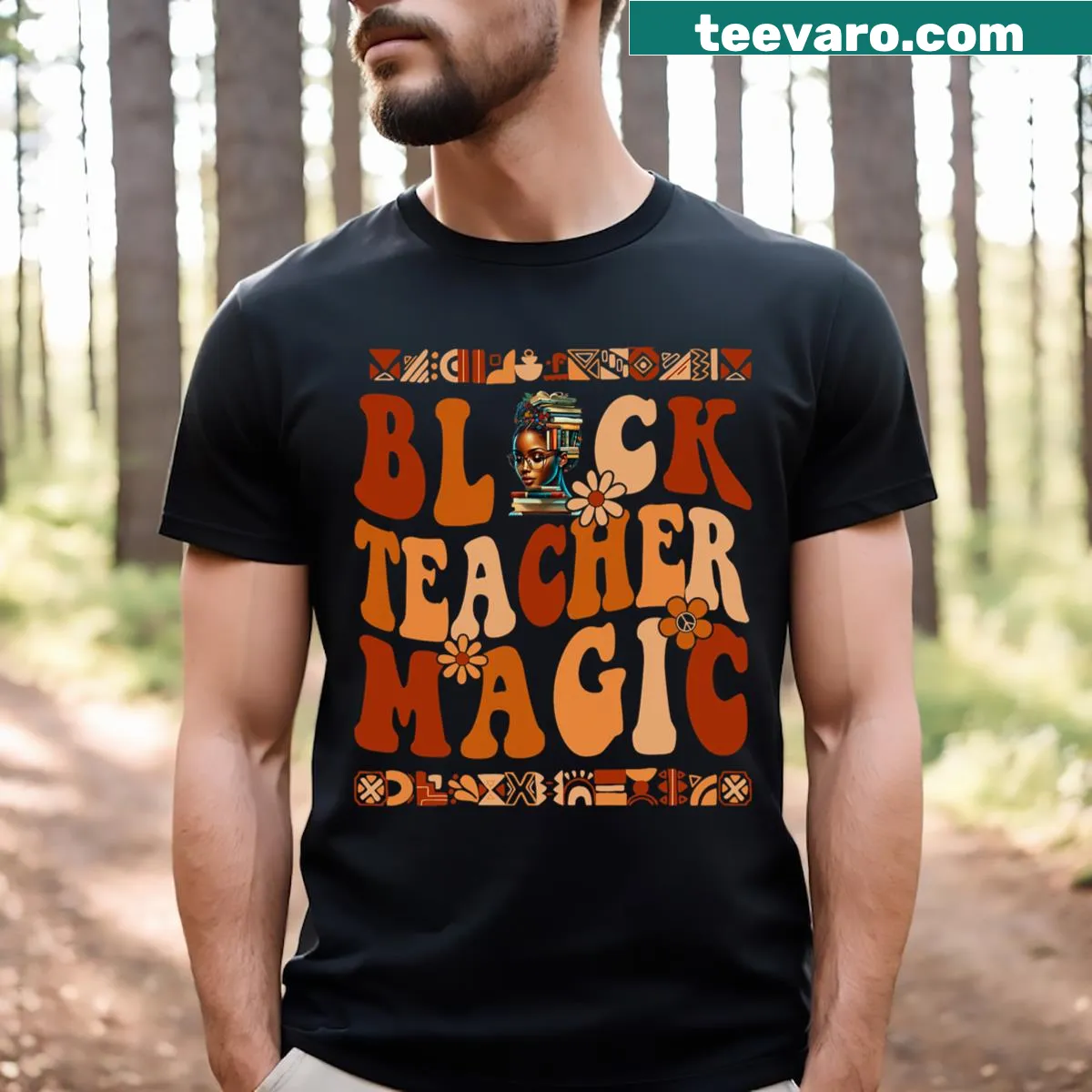 Graphic tee with 'Black Teacher Magic' text celebrating educators — on a men's t-shirt