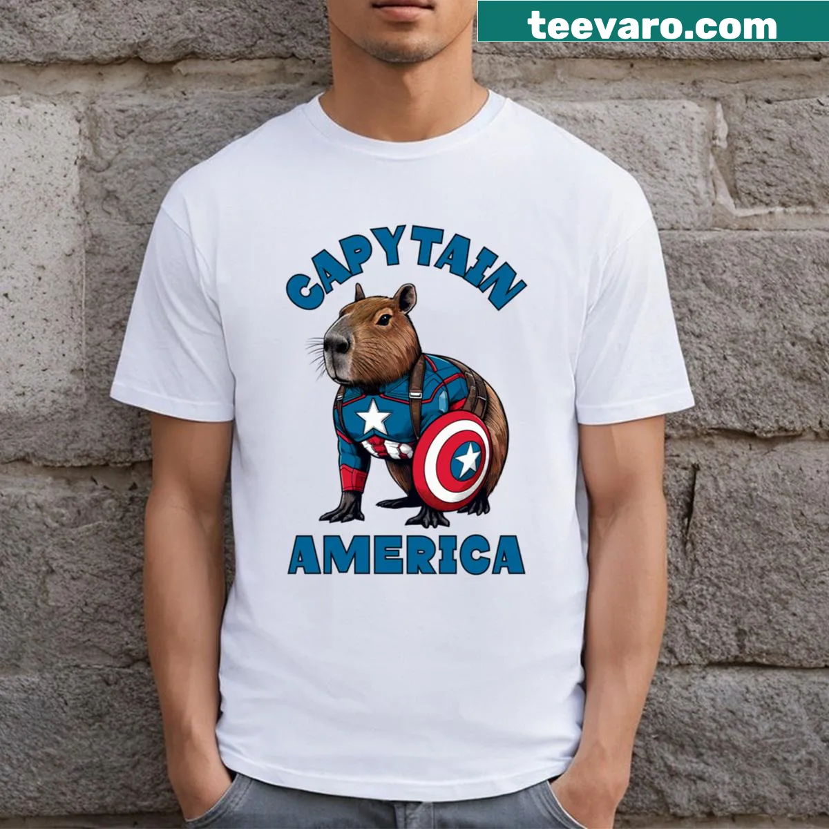 Capybara superhero cartoon graphic T-shirt — on a men's t-shirt