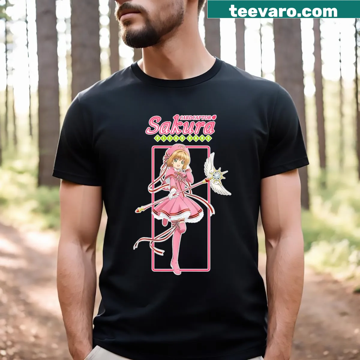 Illustrative design featuring elements from Cardcaptor Sakura on a t-shirt — on a men's t-shirt
