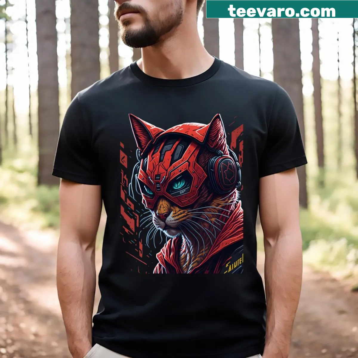 Illustration of a cat as a superhero with a cape and mask. — on a men's t-shirt