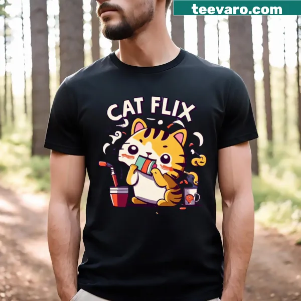 Catflix text design on T-shirt