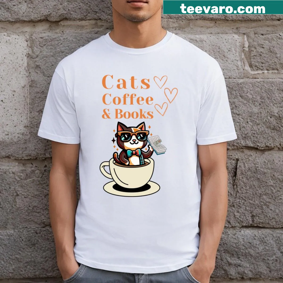 Adorable cat in a coffee cup with books graphic — on a men's t-shirt