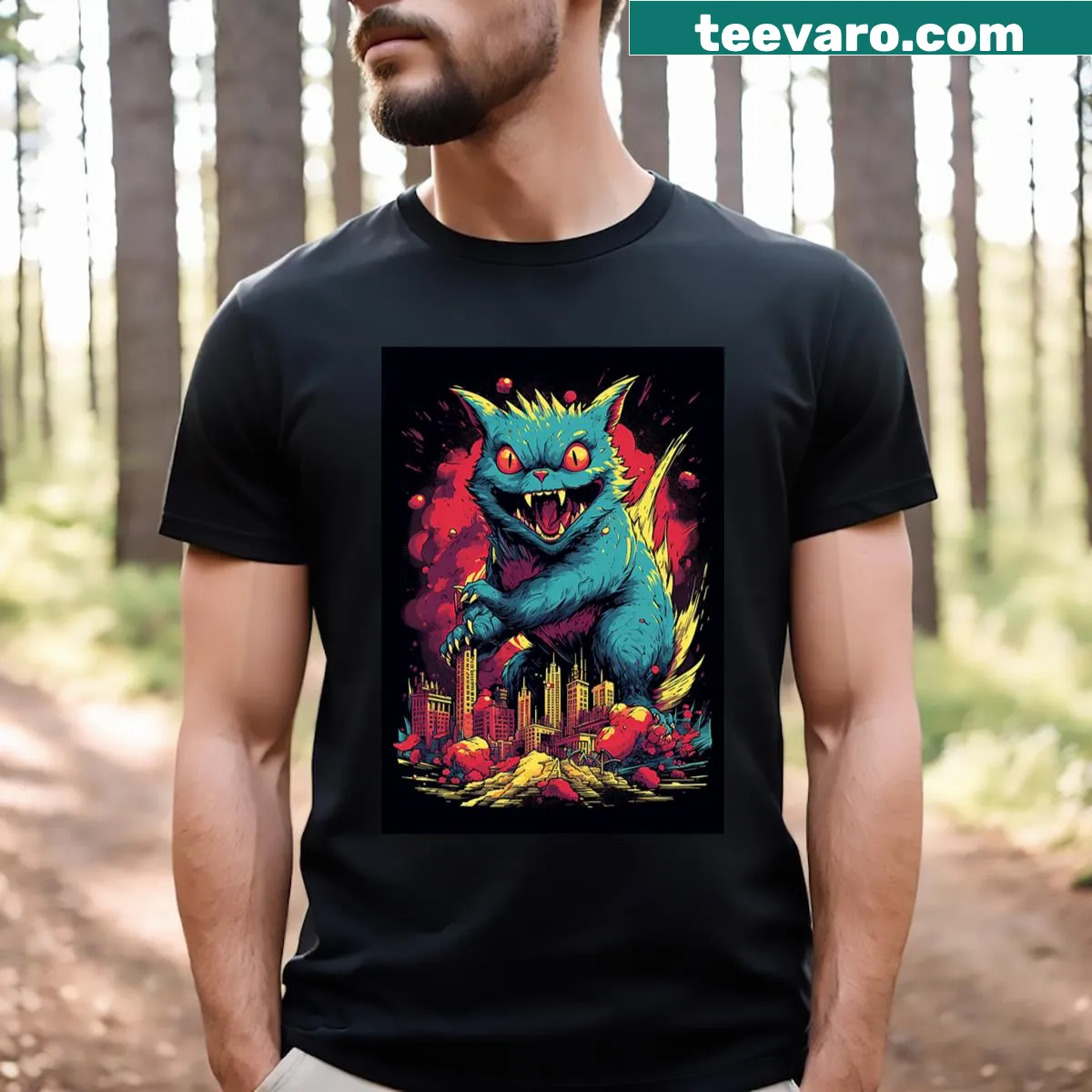 Playful t-shirt featuring 'Catzilla' design for cat lovers — on a men's t-shirt
