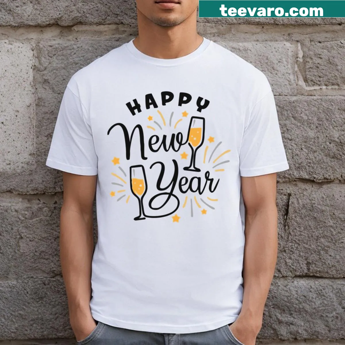 Festive design celebrating New Year with positive typography. — on a men's t-shirt