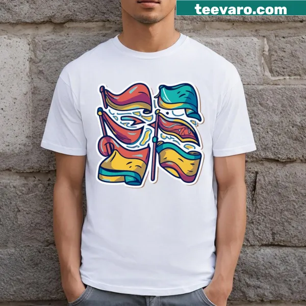 Comic style T-shirt featuring colorful color guard flags