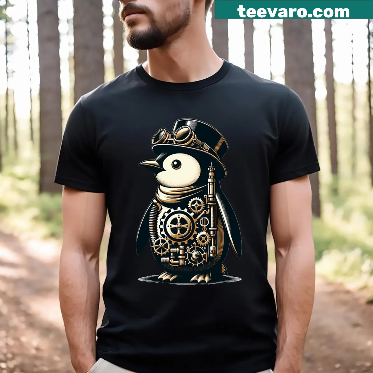Steampunk-inspired design featuring playful penguins for lovers — on a men's t-shirt