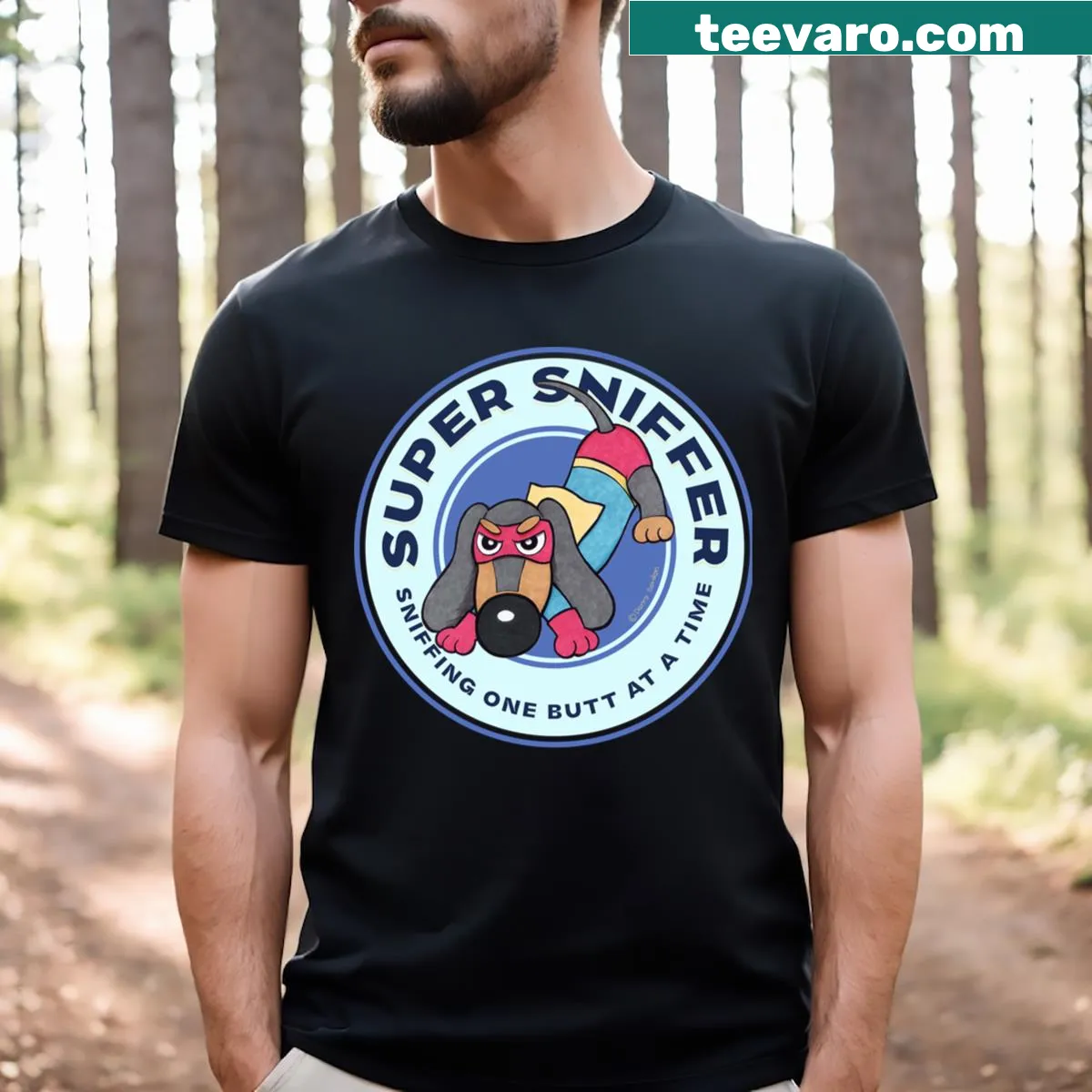 Illustrated Doxie Dachshund T-shirt with a cute design — on a men's t-shirt