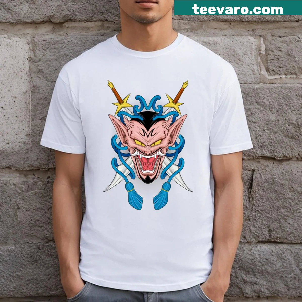 T-shirt featuring a detailed Hannya mask illustration — on a men's t-shirt
