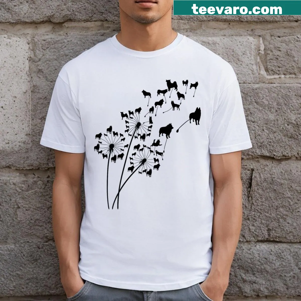 Floral Schipperke design on a T-shirt featuring dandelions — on a men's t-shirt