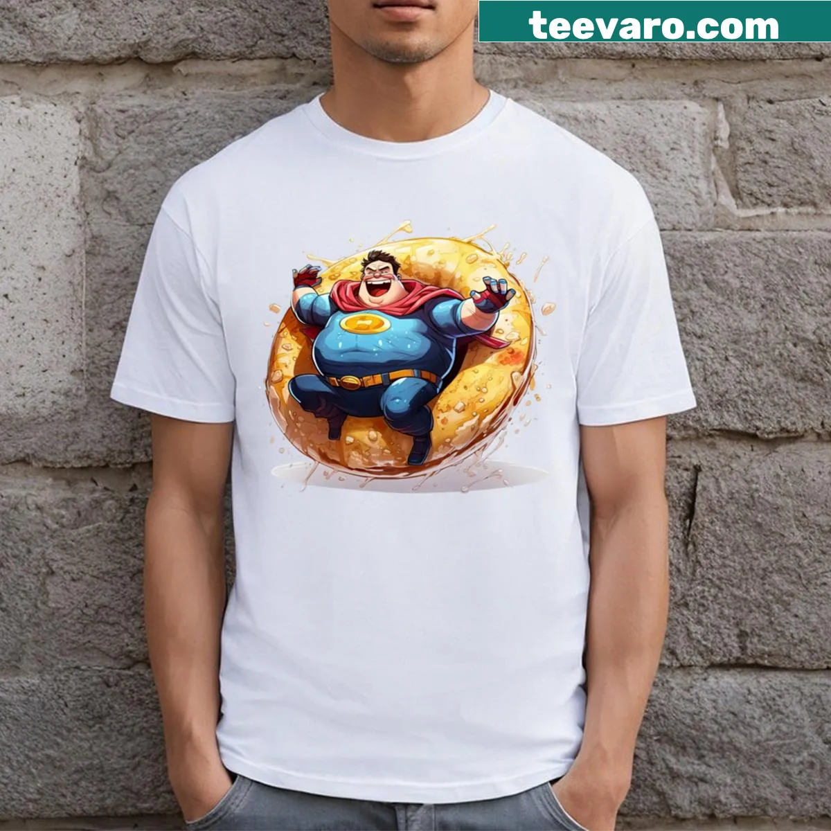 Cartoon donut superhero graphic on a playful t-shirt. — on a men's t-shirt