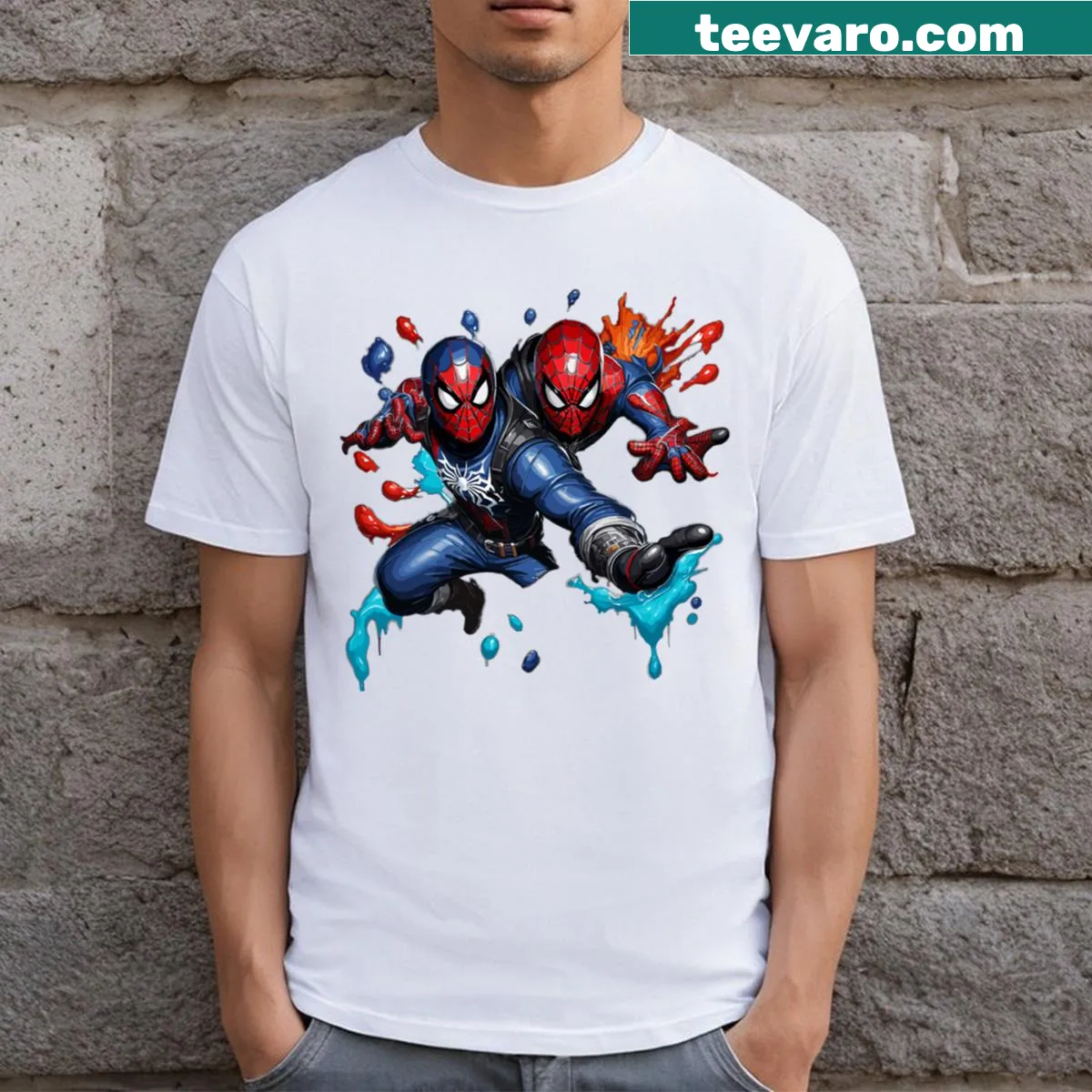 Illustration of two Spider-Man figures in dynamic poses. — on a men's t-shirt